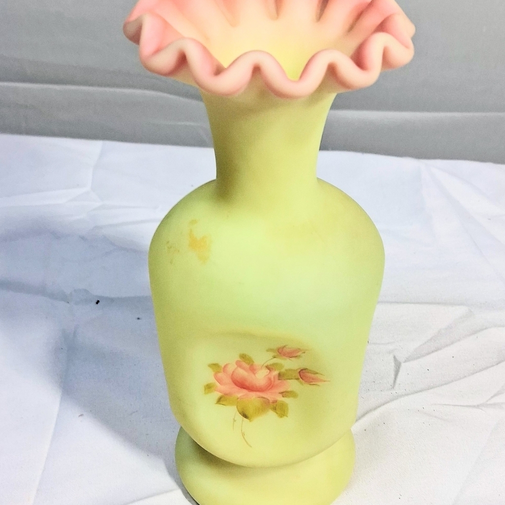 Fenton Glass Collectible Burmese Satin/Yellow Signed Hand Painted Ruffled Vase - Picture 8 of 9